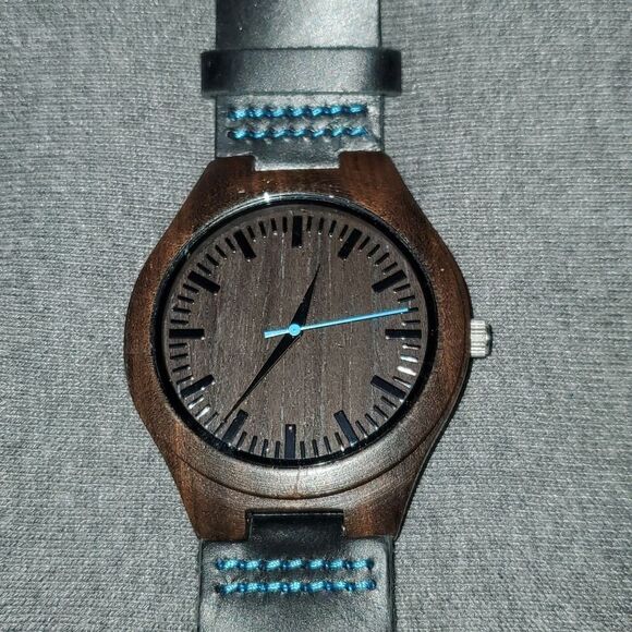 Engraved Back Natural Wood Watch Leather Band - Picture 1 of 9